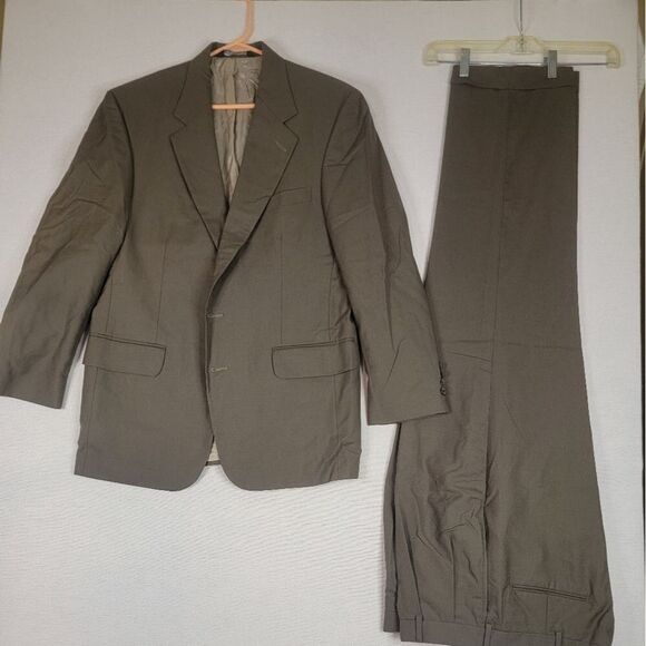 Lands End 2 Button Suit 41R Blazer Coat Jacket Olive Tan Wool 36R Pants 2 Piece